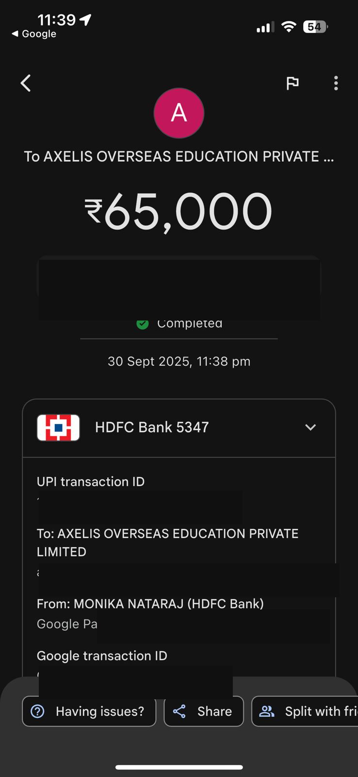 UPI transfer of ₹65,000 from Monika Nataraj to Axelis Overseas Education Private Limited